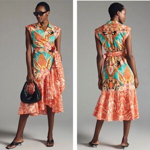 Anthropologie colorful V-neck wrap dress ruffle hem mixed prints midi length